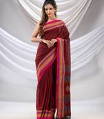 Maroon Cotton Handwoven Soft Saree With Stripe Borders