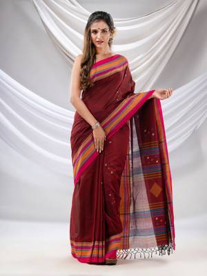 Maroon Cotton Handwoven Soft Saree With Stripe Borders 2