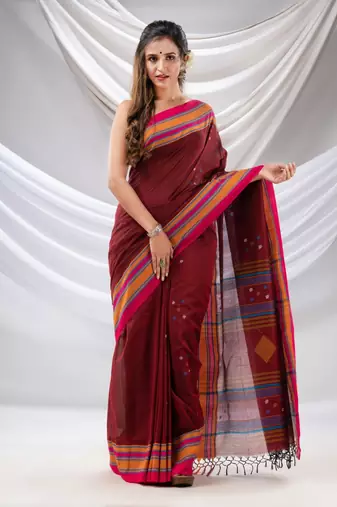 Maroon Cotton Handwoven Soft Saree With Stripe Borders