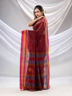 Maroon Cotton Handwoven Soft Saree With Stripe Borders 3