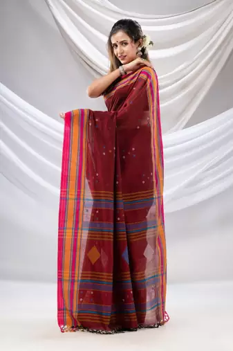 Maroon Cotton Handwoven Soft Saree With Stripe Borders