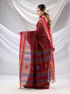 Maroon Cotton Handwoven Soft Saree With Stripe Borders 4
