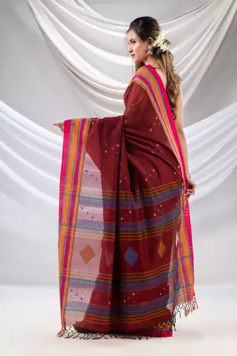 Maroon Cotton Handwoven Soft Saree With Stripe Borders