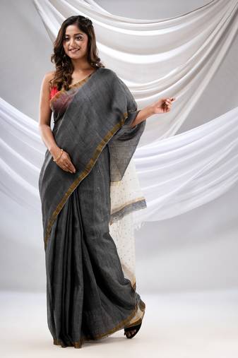 Grey Silk Linen Handwoven Soft Saree With Resham Pallu
