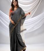 Grey Silk Linen Handwoven Soft Saree With Resham Pallu