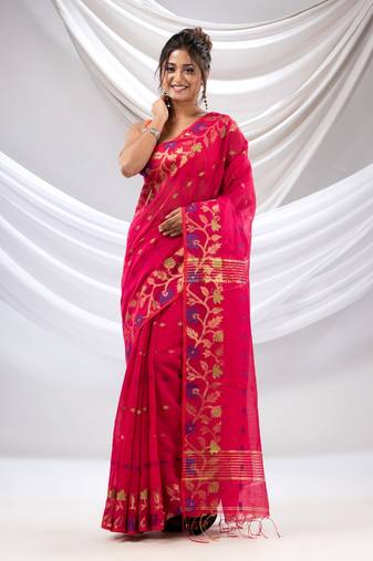 Hot Pink Cotton Blend Handwoven Saree With Floral Nakshi Borders