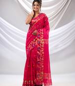 Hot Pink Cotton Blend Handwoven Saree With Floral Nakshi Borders