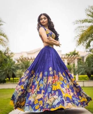 Voolka blue and yeloow  Chinon Lehenga Choli Set - Full Stitched 1