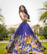 Voolka blue and yeloow  Chinon Lehenga Choli Set - Full Stitched