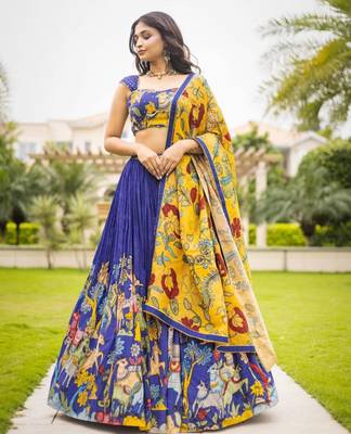 Voolka blue and yeloow  Chinon Lehenga Choli Set - Full Stitched 2
