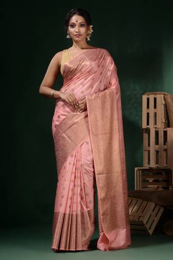 Baby Pink Silk Blend Handwoven Soft Saree With Ethnic Motifs