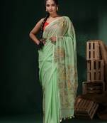 Mint Green Cotton Kantha Stitch Handwoven Saree