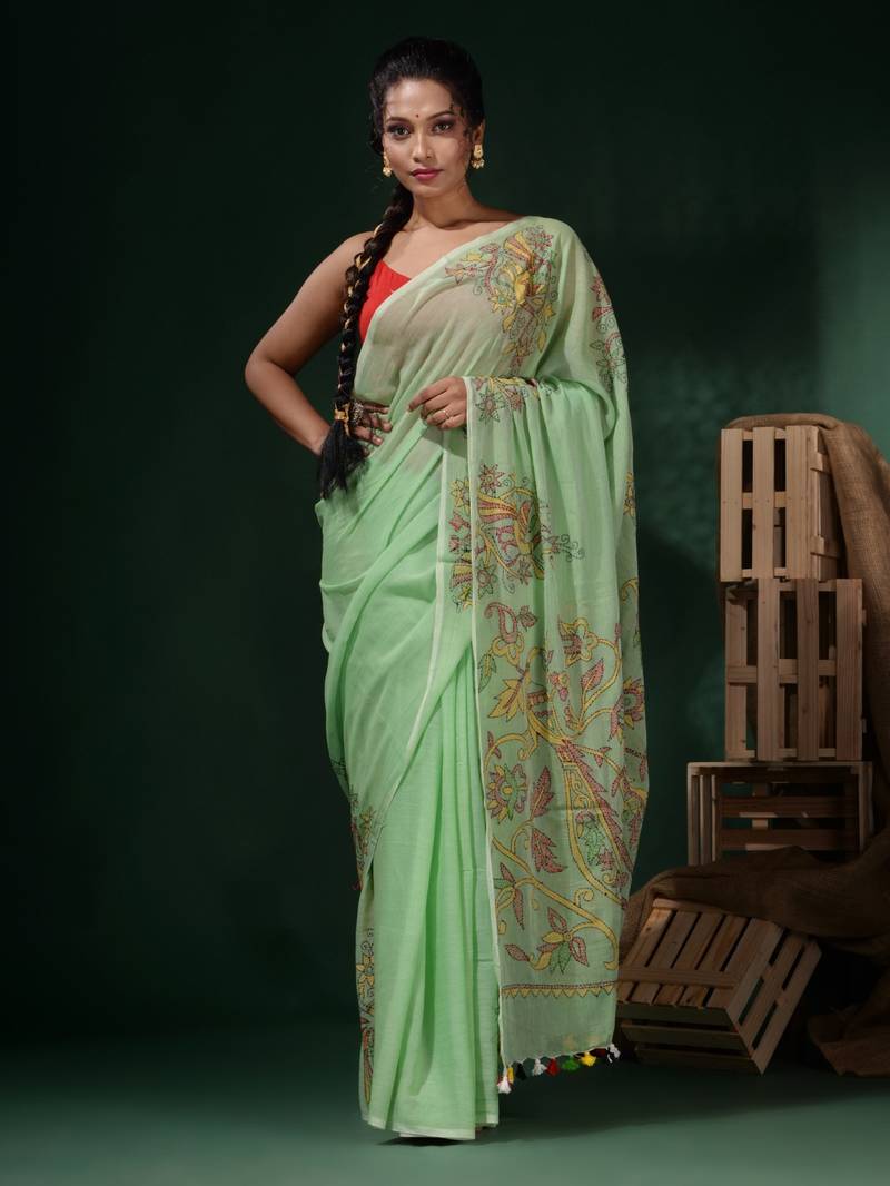 Mint Green Cotton Kantha Stitch Handwoven Saree
