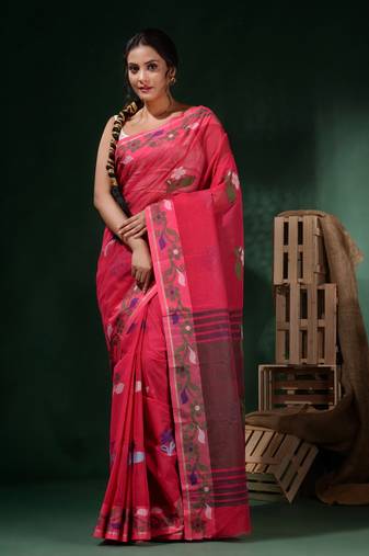 Pink Cotton Handwoven Soft Saree With Floral Border Without Blouse