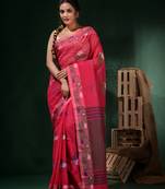 Pink Cotton Handwoven Soft Saree With Floral Border Without Blouse
