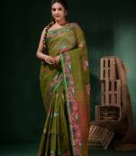 Green Cotton Handwoven Soft Saree With Floral Border Without Blouse