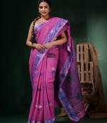 Violet Cotton Handwoven Soft Saree With Floral Border Without Blouse