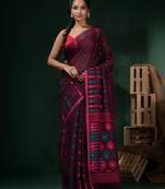 Wine Cotton Handwoven Jamdani Saree With Texture Designs Without Blouse