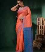 Orange And Sky Blue Cotton Handwoven Jamdani Saree With Woven Designs And Patterns Without Blouse