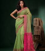 Light Green Cotton Handwoven Jamdani Saree With Floral Designs And Texture Motifs