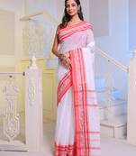 White Handwoven Cotton Tant Saree Without Blouse