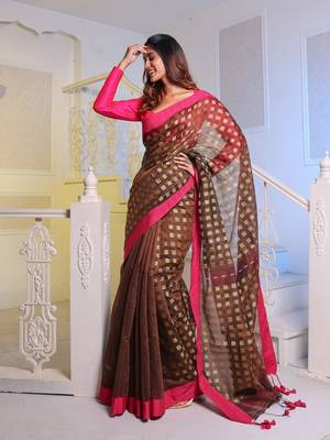 Brown Handwoven Cotton Blend Soft Saree With Zari Woven Checked Box Design 1