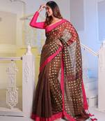 Brown Handwoven Cotton Blend Soft Saree With Zari Woven Checked Box Design