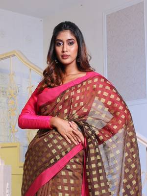 Brown Handwoven Cotton Blend Soft Saree With Zari Woven Checked Box Design 2