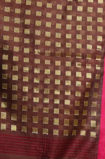 Brown Handwoven Cotton Blend Soft Saree With Zari Woven Checked Box Design