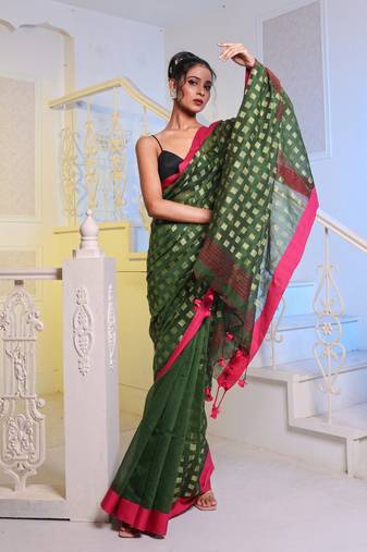 Green Handwoven Cotton Blend Soft Saree With Zari Woven Checked Box Design