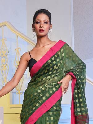Green Handwoven Cotton Blend Soft Saree With Zari Woven Checked Box Design 2