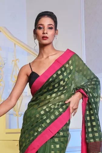 Green Handwoven Cotton Blend Soft Saree With Zari Woven Checked Box Design