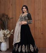 Voolka Black Heavy embroidery flower design Silk Lehenga Choli Set - Full Stitched