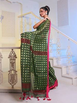Green Handwoven Cotton Blend Soft Saree With Zari Woven Checked Box Design 3