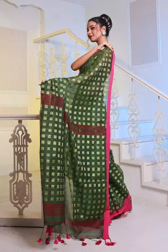 Green Handwoven Cotton Blend Soft Saree With Zari Woven Checked Box Design