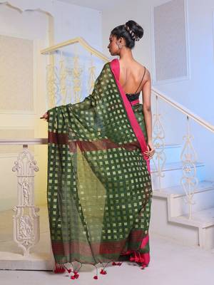 Green Handwoven Cotton Blend Soft Saree With Zari Woven Checked Box Design 4