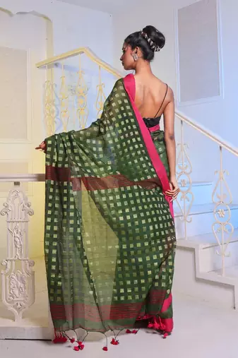 Green Handwoven Cotton Blend Soft Saree With Zari Woven Checked Box Design