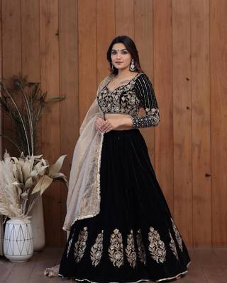 Voolka Black Heavy embroidery flower design Silk Lehenga Choli Set - Full Stitched 2
