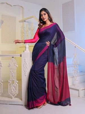 Navy Blue Cotton Handwoven Soft Saree With Pompom 1