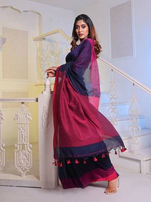 Navy Blue Cotton Handwoven Soft Saree With Pompom 2