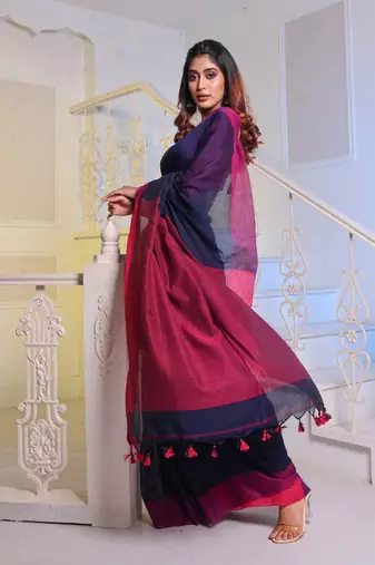 Navy Blue Cotton Handwoven Soft Saree With Pompom