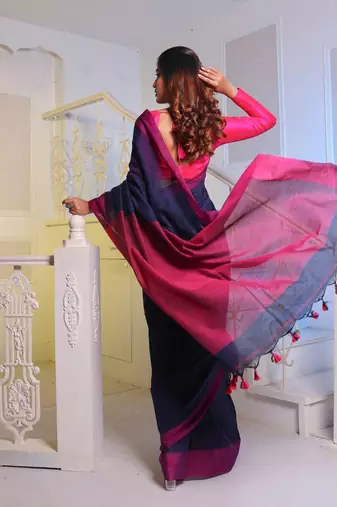 Navy Blue Cotton Handwoven Soft Saree With Pompom