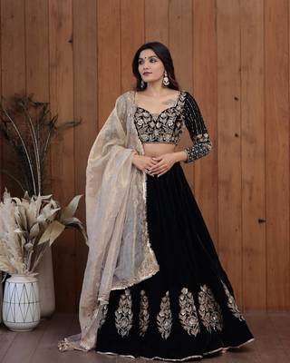 Voolka Black Heavy embroidery flower design Silk Lehenga Choli Set - Full Stitched 4