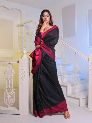 Black Cotton Handwoven Soft Saree With Pompom 1