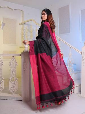 Black Cotton Handwoven Soft Saree With Pompom 3