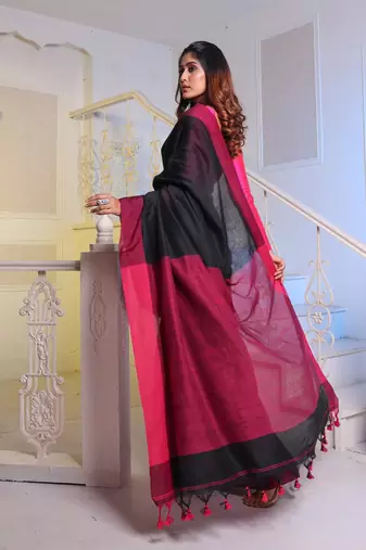 Black Cotton Handwoven Soft Saree With Pompom
