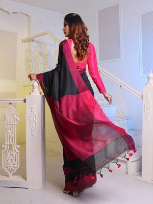 Black Cotton Handwoven Soft Saree With Pompom 4