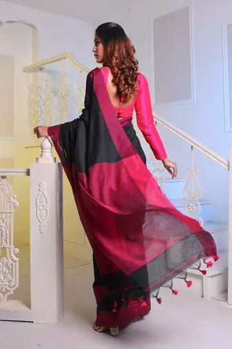 Black Cotton Handwoven Soft Saree With Pompom