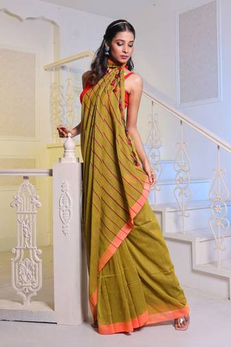 Lime Green Cotton Handwoven Soft Saree With Stripe Pallu