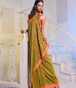 Lime Green Cotton Handwoven Soft Saree With Stripe Pallu